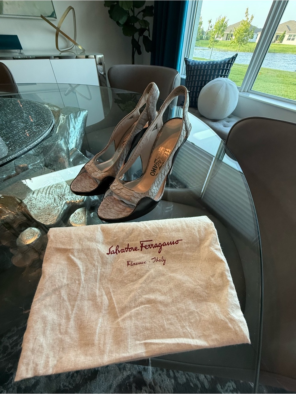 Salvatore Ferragamo Gray Snakeskin Peep-Toe Slingback Heels with Black Trim